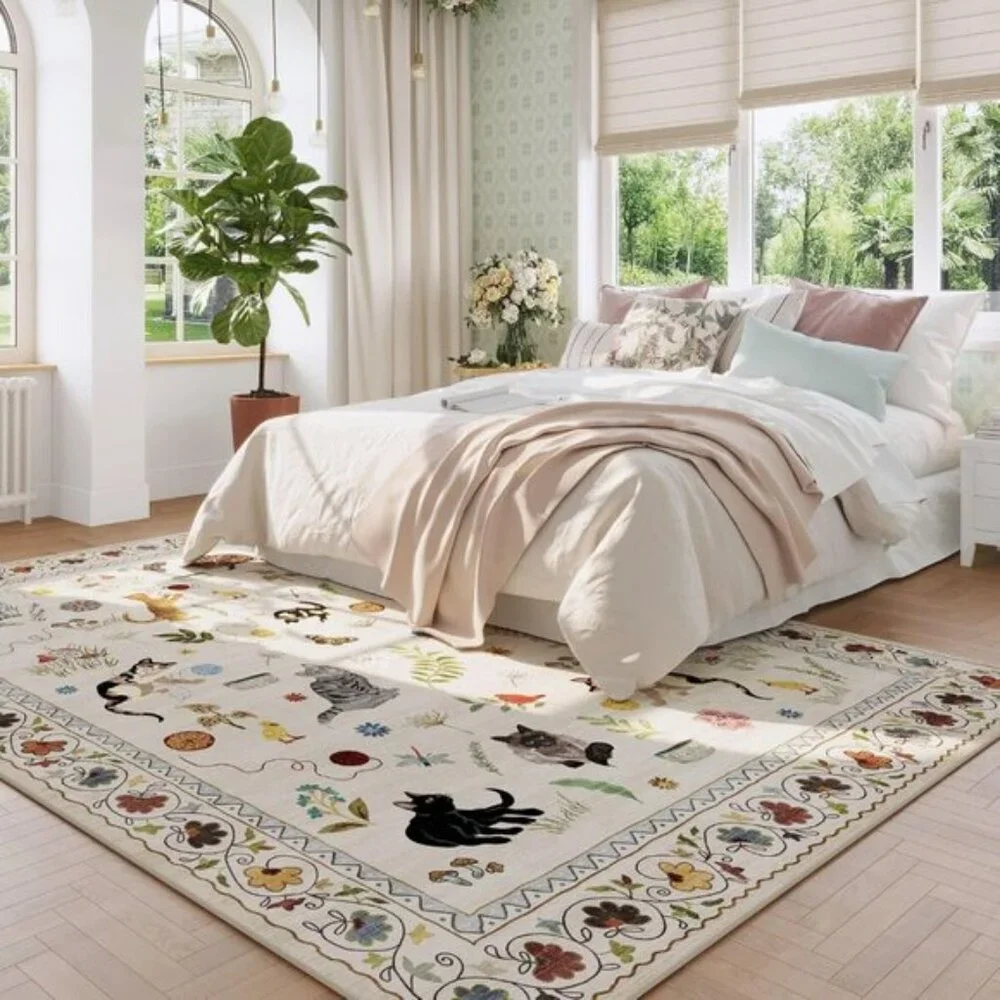 New 5x7 Living Room Rug – Washable Boho Floral Cat Area Rug, Non-Slip